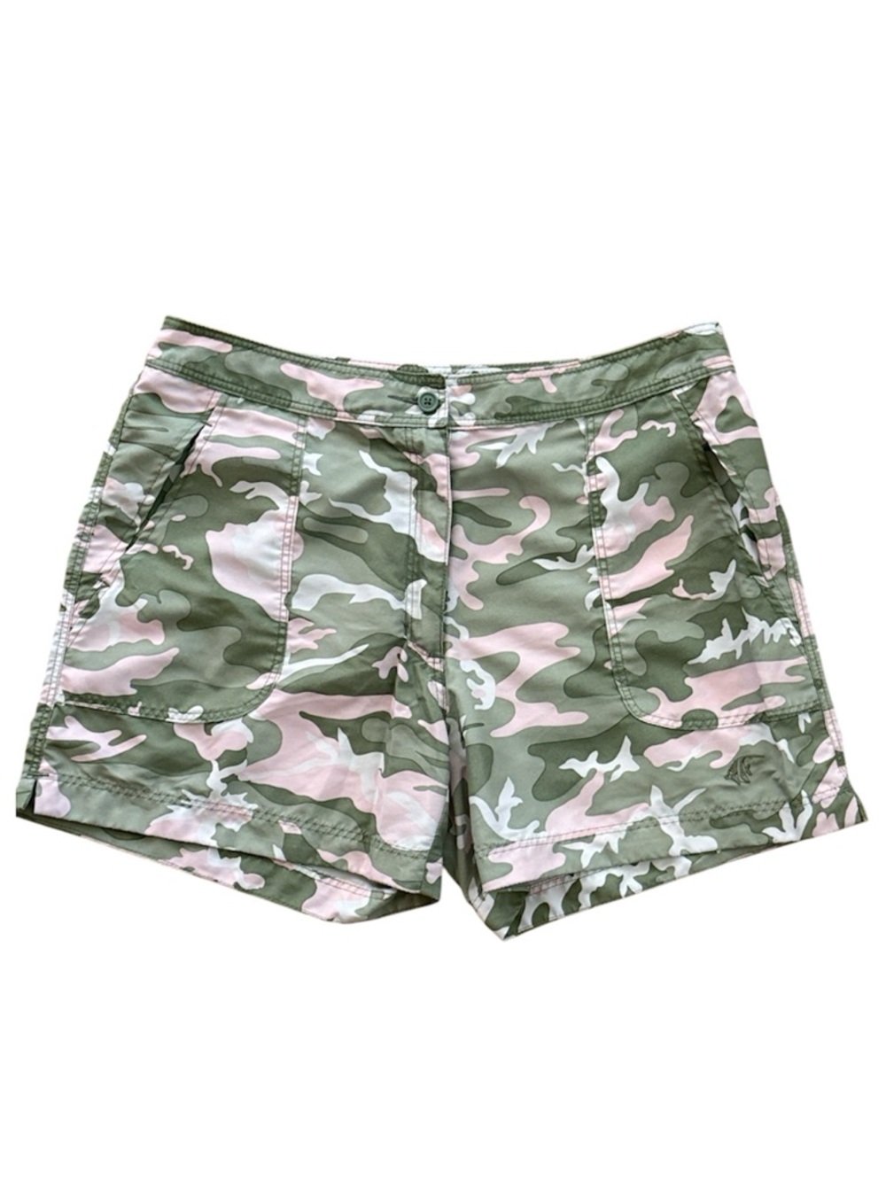 GUY HARVEY WOMEN’S SIZE 10 GREEN PINK CAMO FISHING CAMPING SHORTS BREATHABLE EUC